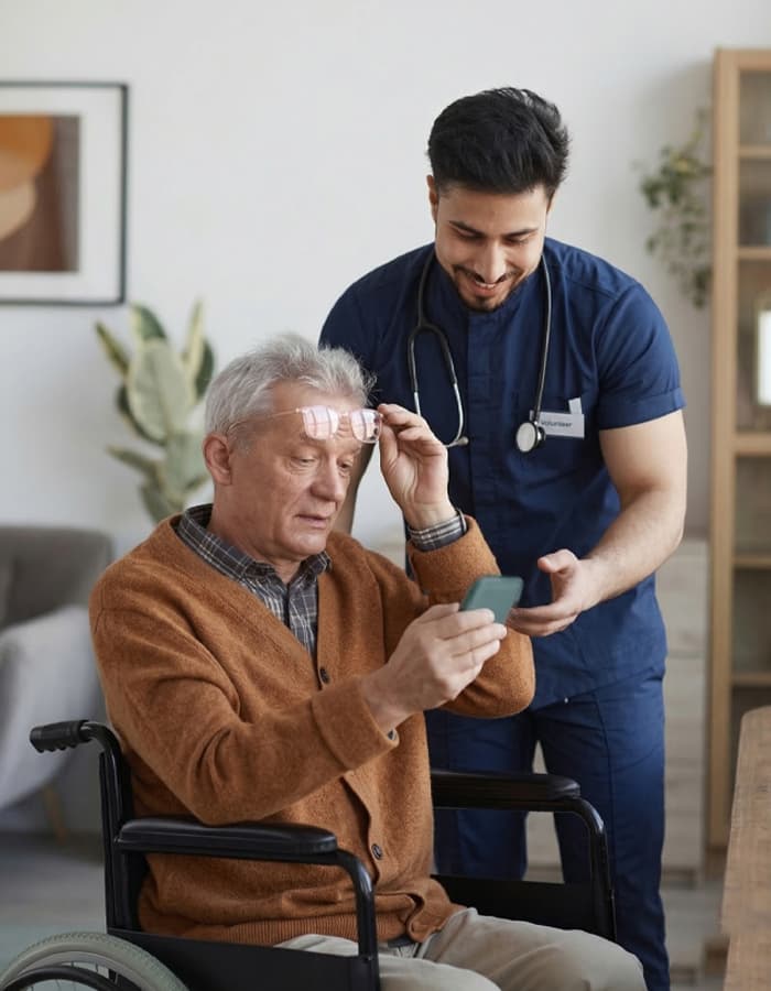 Elderly man with caregiver outdoors